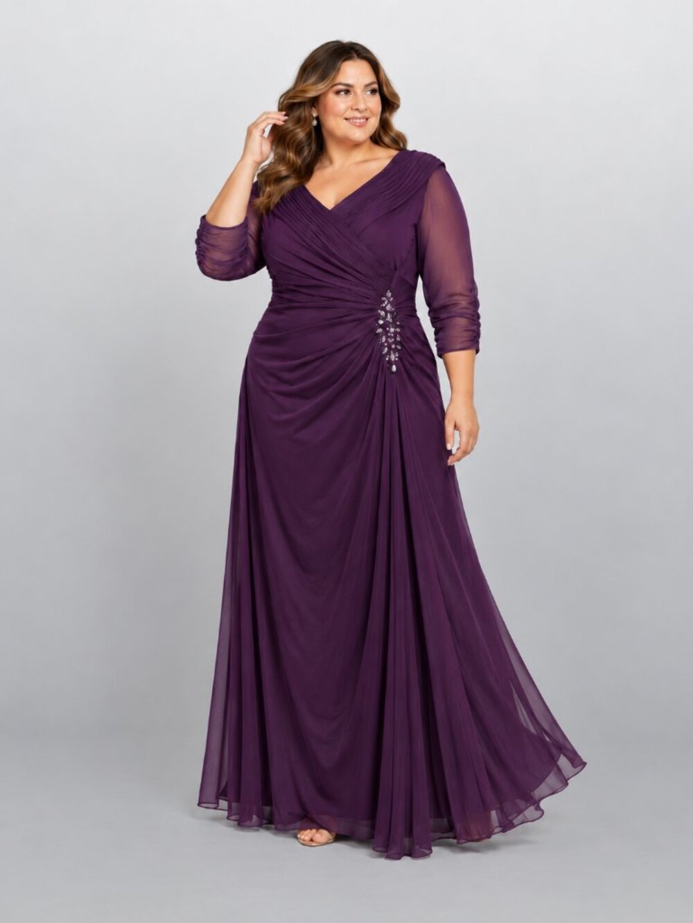 Alex Evenings Plus Size Portrait Collar Side Ruched Beaded Gown Eggplant 22W NWT